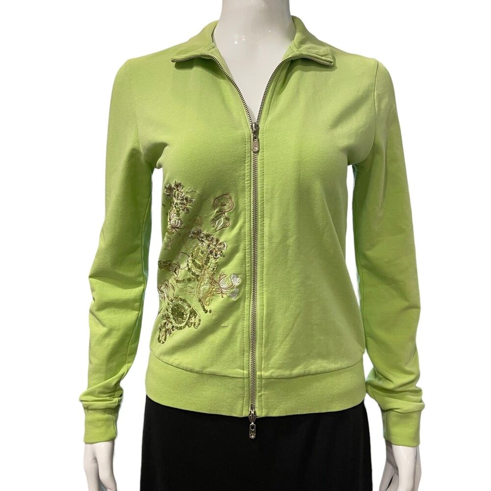 Y2K 90s BCBG Sweatshirt Track Jacket Cardigan Small Zipper Sequin Embroidered